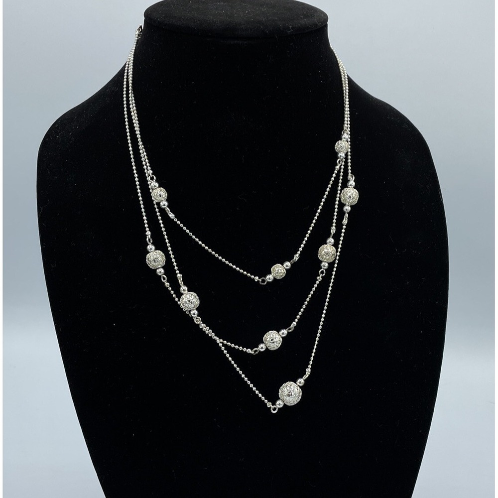ETIENNE AIGNER SIGNED SILVERTONE METAL ROUND BEADED 3 CHAIN NECKLACE